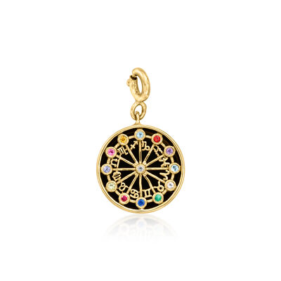 Onyx, Moonstone and .13 ct. t.w. Multi-Gemstone Zodiac Symbols Charm in 18kt Gold Over Sterling