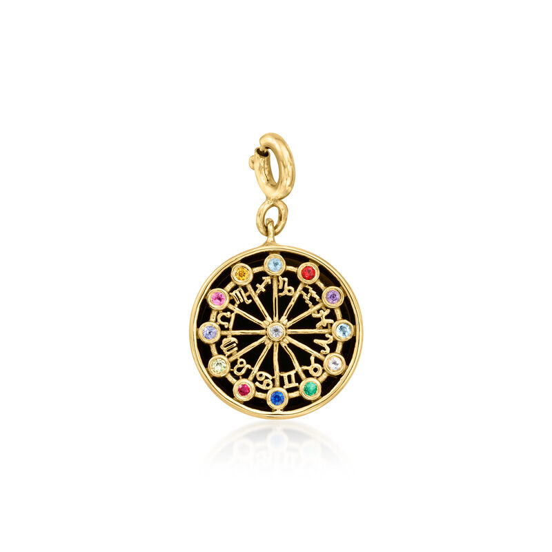 Onyx, Moonstone and .13 ct. t.w. Multi-Gemstone Zodiac Symbols Charm in 18kt Gold Over Sterling  image number 1