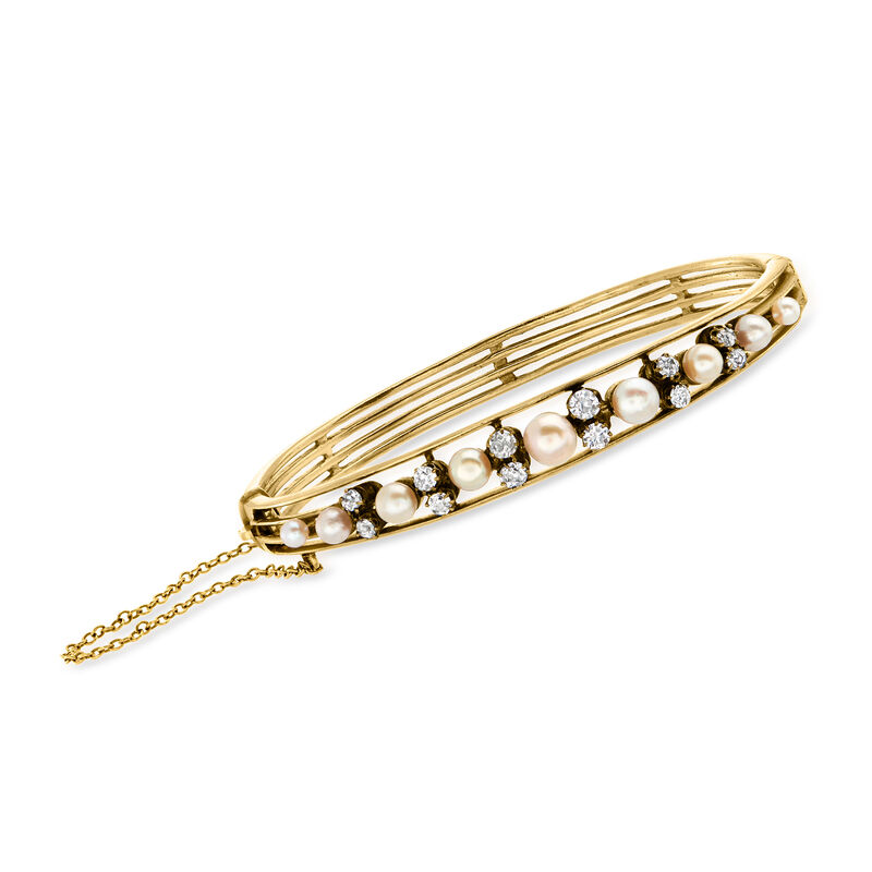 C. 1940 Vintage 3-5mm Cultured Pearl and .75 ct. t.w. Diamond Bangle Bracelet in 14kt Yellow Gold. 7&quot; image number 0