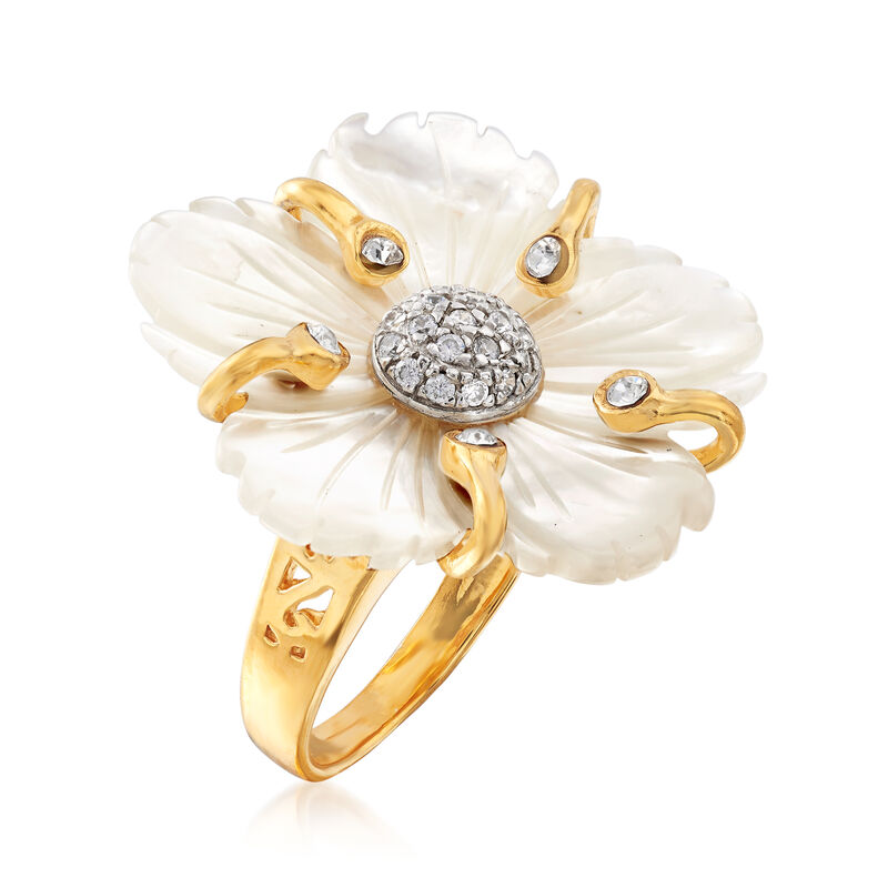 Italian Mother-Of-Pearl and .30 ct. t.w. CZ Flower Ring in 18kt Gold Over Sterling image number 2