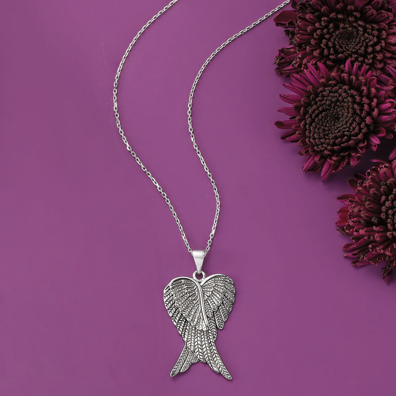 Sterling Silver Angel Wing Pendant Necklace. 18&quot; image number 3
