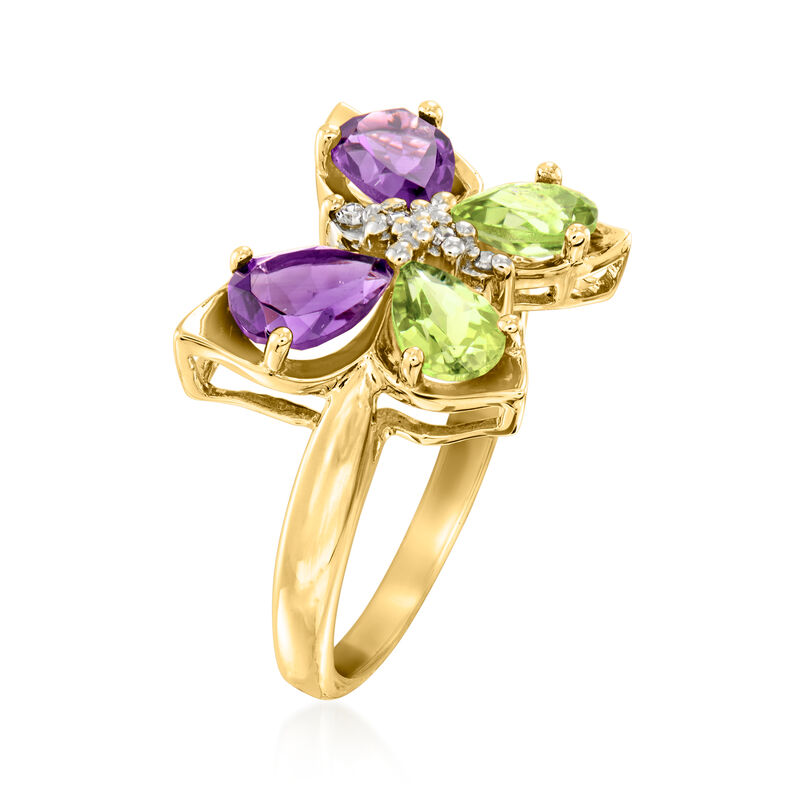 C. 2000 Vintage 1.30 ct. t.w. Amethyst and .90 ct. t.w. Peridot Butterfly Ring with Diamonds in 10kt Yellow Gold. Size 7 image number 2