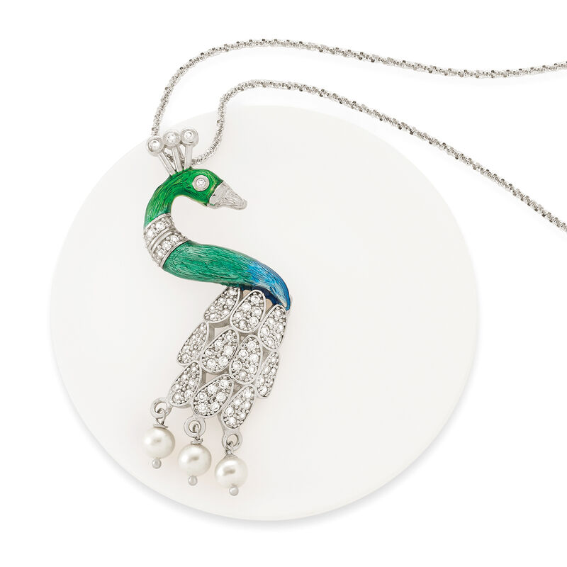 Italian 1.30 ct. t.w. CZ and 5.5-6mm Cultured Pearl with Enamel Peacock Pendant in Sterling Silver image number 2