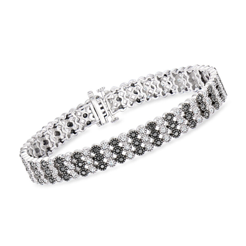 3.00 ct. t.w. Black and White Diamond Three-Row Bracelet in Sterling Silver. 7&quot; image number 0