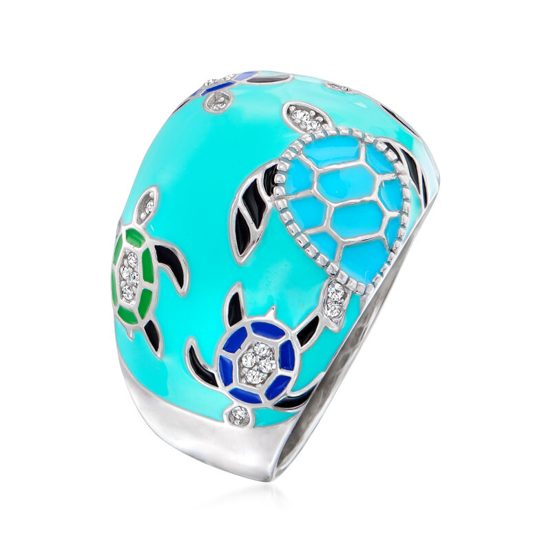 .10 ct. t.w. White Topaz and Multicolored Enamel Turtle Ring in Sterling Silver image number 2