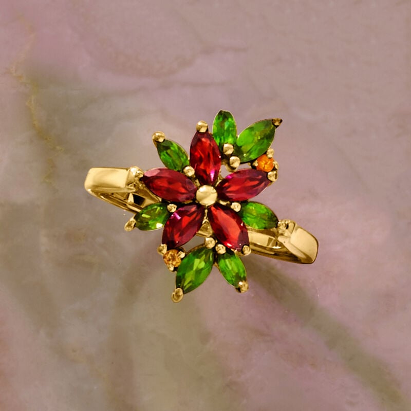 1.20 ct. t.w. Garnet and .90 ct. t.w. Chrome Diopside Flower Ring with Citrines in 18kt Gold Over Sterling image number 4