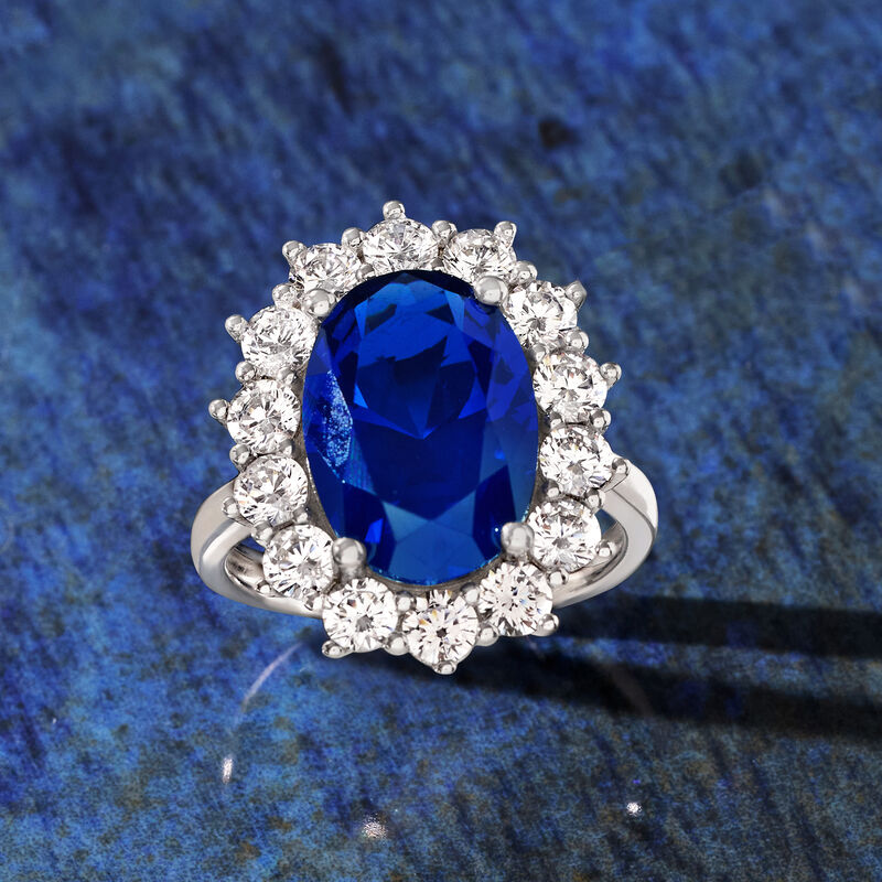 5.30 Carat Simulated Sapphire and 1.80 ct. t.w. CZ Ring in Sterling Silver image number 5