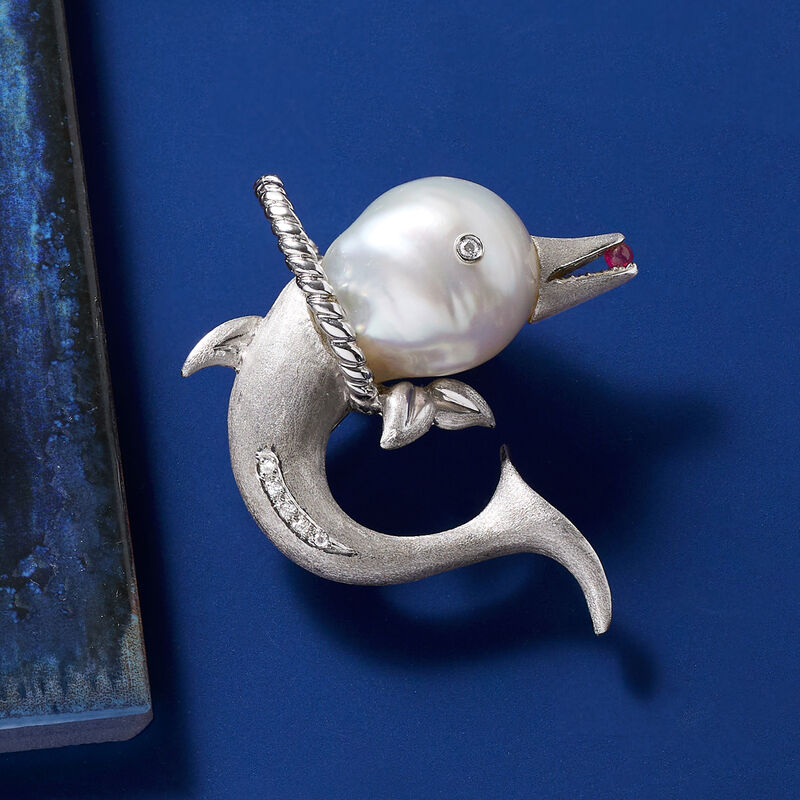 C. 1980 Vintage South Sea Pearl Dolphin Pin with Diamond and Ruby Accents in 18kt White Gold image number 2