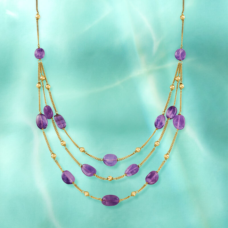 55.00 ct. t.w. Amethyst Bead Station Necklace in 18kt Gold Over Sterling. 18&quot; image number 2