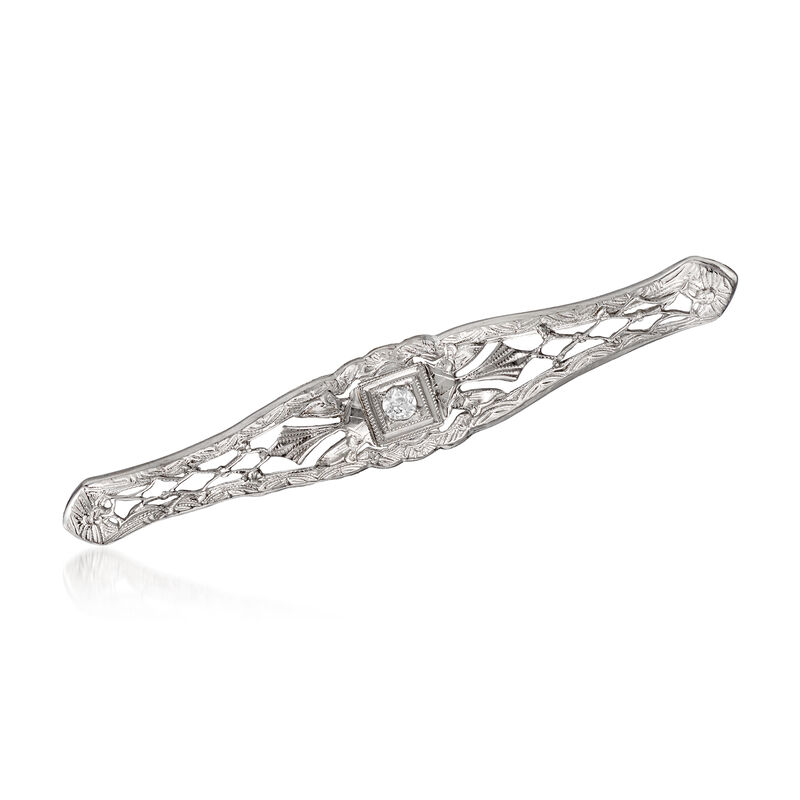 C. 1950 Vintage 14kt White Gold Filigree Bar Pin with Diamond Accent image number 0
