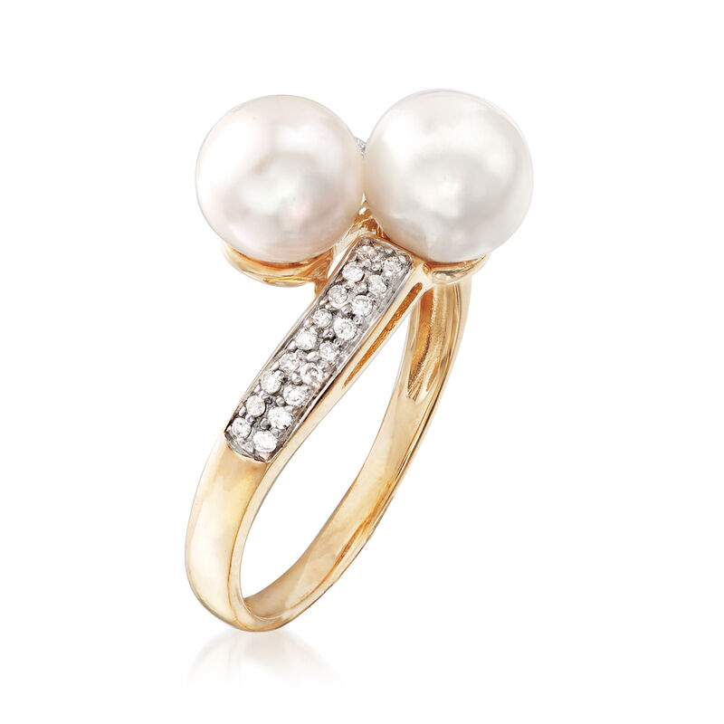 7-7.5mm Cultured Pearl and .10 ct. t.w. Diamond Bypass Ring in 14kt Yellow Gold image number 2