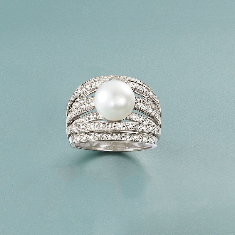 9mm Cultured Pearl and .20 ct. t.w. Diamond Highway Ring in Sterling Silver image number 3