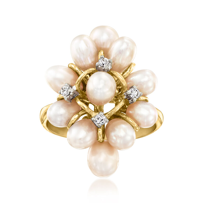 C. 1980 Vintage Cultured Pearl Cluster Ring with Diamonds in 14kt Yellow Gold. Size 6 image number 0