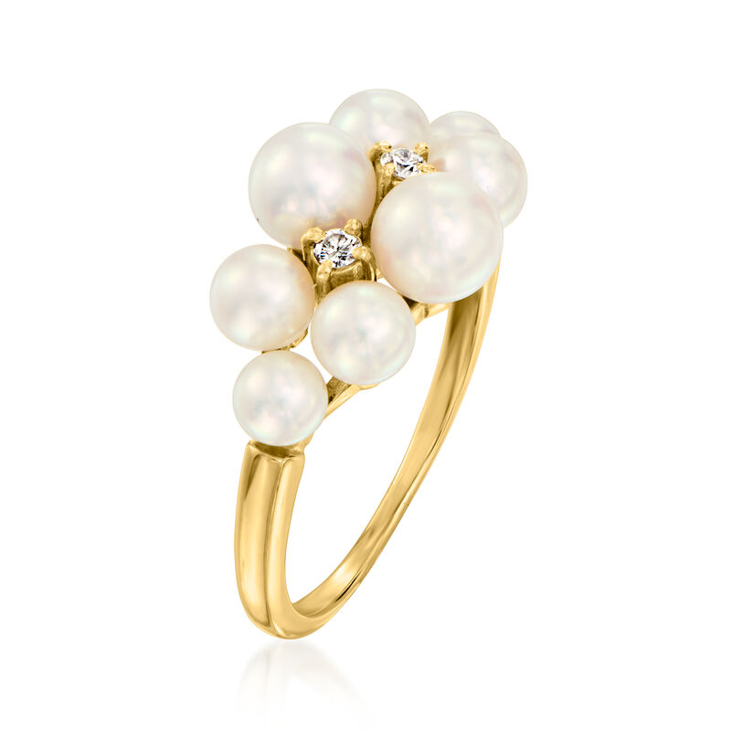 C. 2000 Vintage Mikimoto 4.5-6.5mm Cultured Pearl Cluster Ring with Diamonds in 18kt Yellow Gold image number 2