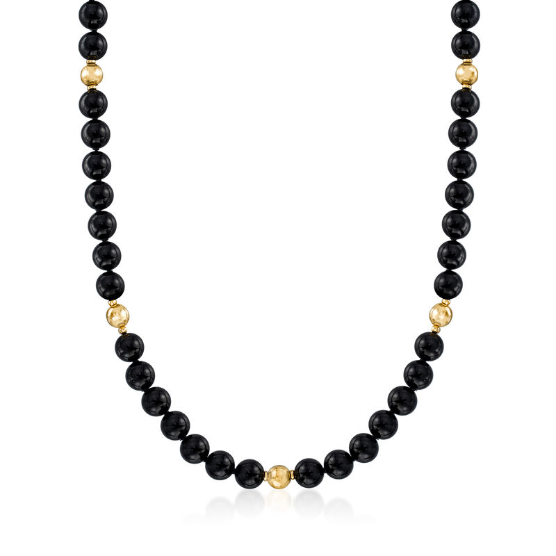 C. 1980 Vintage 9.9mm Black Onyx Bead Necklace in 14kt Yellow Gold image number 0