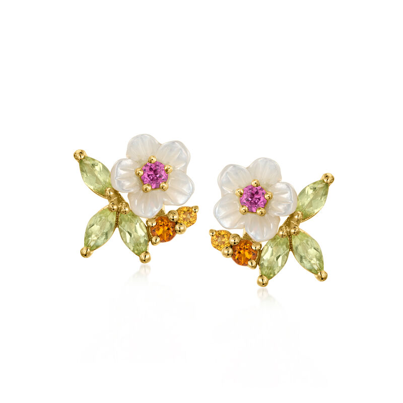 Mother-of-Pearl and .48 ct. t.w. Multi-Gemstone Flower Earrings in 18kt Gold Over Sterling image number 0