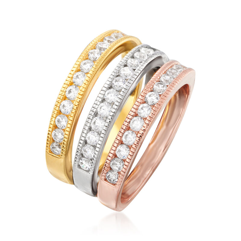 1.00 ct. t.w. CZ Jewelry Set: Three Rings in Rose and Yellow 18kt Gold Over Sterling and Sterling Silver image number 2