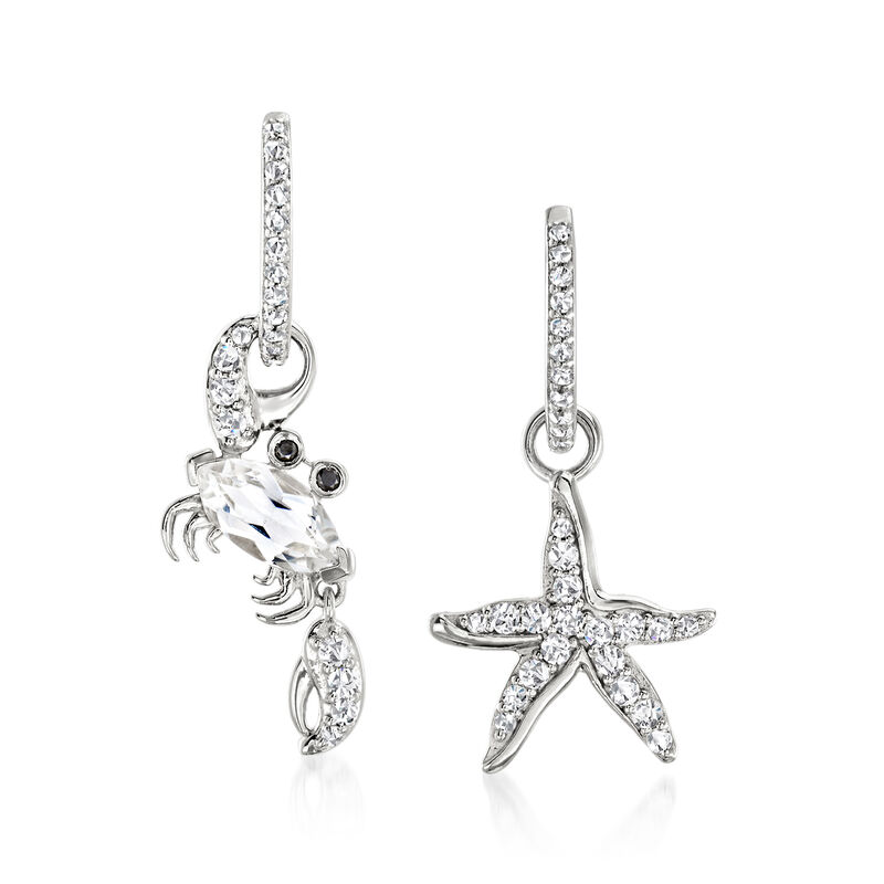 2.20 ct. t.w. White Topaz Starfish and Crab Mismatched Drop Earrings with Black Spinel in Sterling Silver image number 0