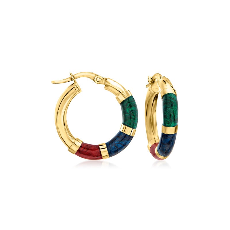 Italian 14kt Yellow Gold and Multicolored Enamel Hoop Earrings. 7/8&quot; image number 0