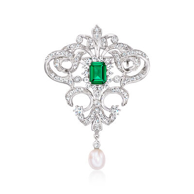 6-6.5mm Cultured Pearl and 1.70 Carat Simulated Emerald Vintage-Style Pin with 1.50 ct. t.w. CZs in Sterling Silver