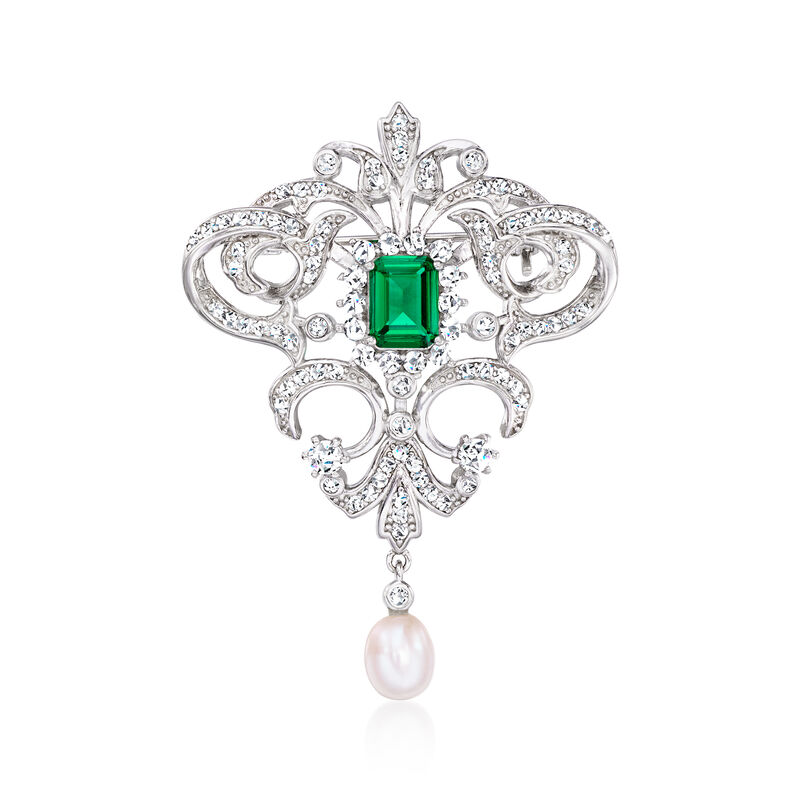 6-6.5mm Cultured Pearl and 1.70 Carat Simulated Emerald Vintage-Style Pin with 1.50 ct. t.w. CZs in Sterling Silver  image number 0