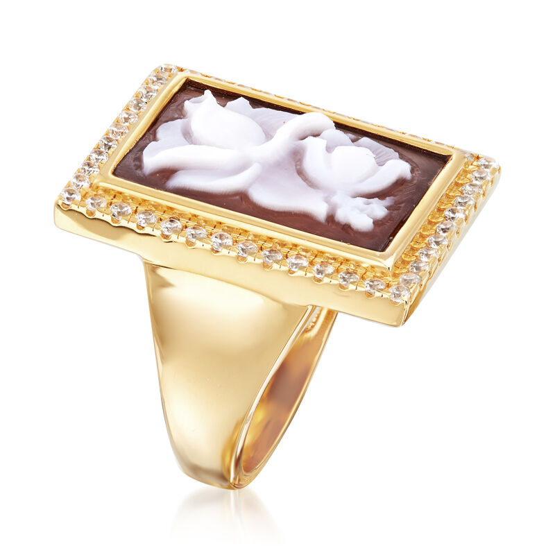 Italian Shell Flower Cameo and .70 ct. t.w. CZ Ring in 14kt Yellow Gold Over Sterling Silver image number 2