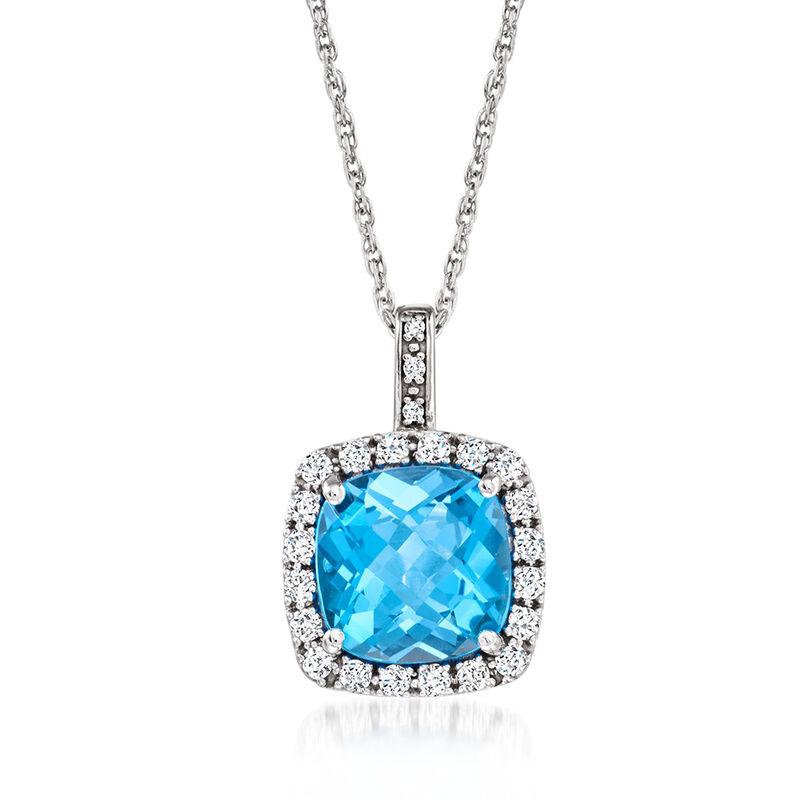 C. 1990 Vintage 3.50 Carat Swiss Blue Topaz and .35 ct. t.w. White Topaz Pendant Necklace with Diamonds in 10kt White Gold. 18" image number 0
