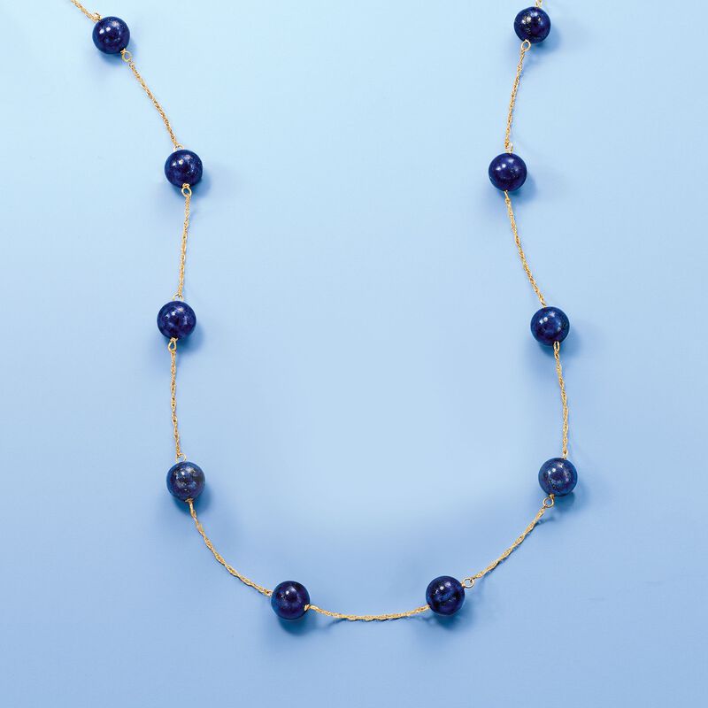8mm Lapis Bead Station Necklace in 14kt Yellow Gold image number 2