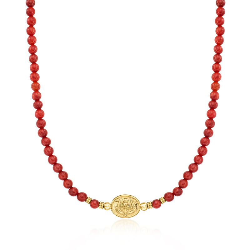 Red Jade and 18kt Gold Over Sterling Bead Necklace with Reversible Centerpiece. 18&quot; image number 2