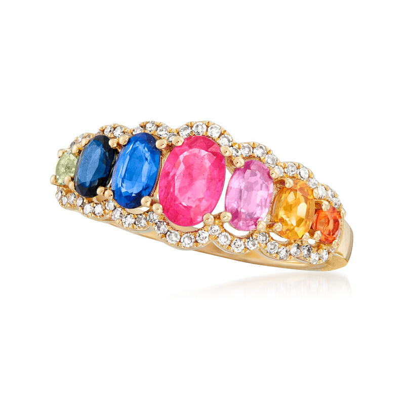 1.61 ct. t.w. Multicolored Sapphire and .19 ct. t.w. Diamond Ring in 14kt Yellow Gold image number 3