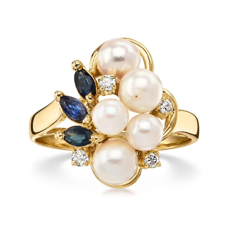C. 1970 Vintage 4.5-5.5mm Cultured Pearl and .15 ct. t.w. Sapphire Cluster Ring with Diamonds in 14kt Yellow Gold. Size 5.75 image number 0