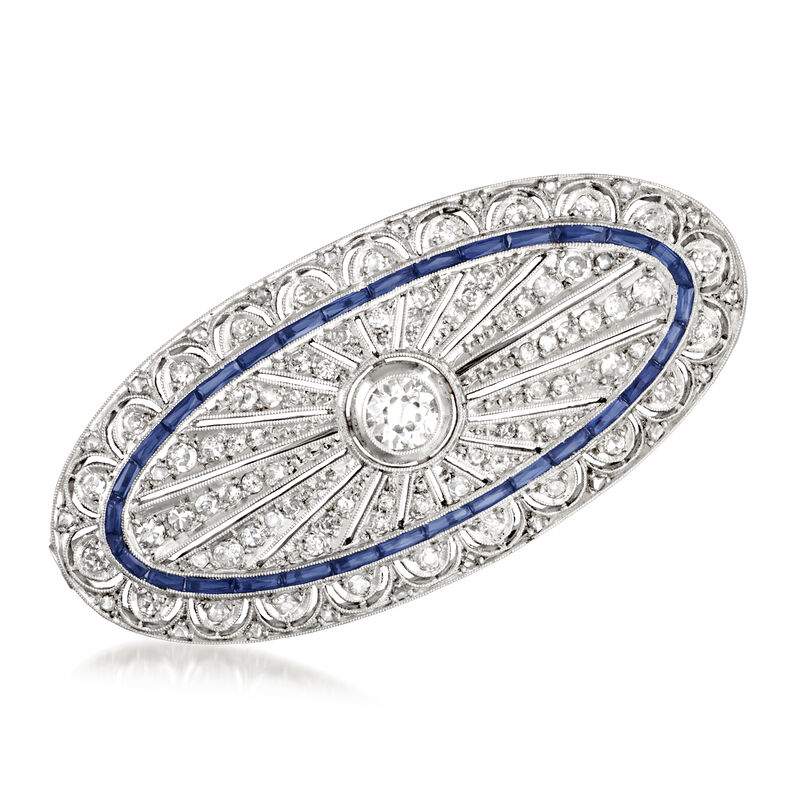 C. 1950 Vintage 1.60 ct. t.w. Synthetic Sapphire Filigree Pin with 1.35 ct. t.w. Diamonds in Platinum  image number 0