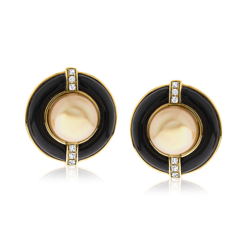 9-12mm Golden Cultured South Sea Pearl Earrings with Onyx and .15 ct. t.w. Diamonds in 14kt Yellow Gold  image number 0