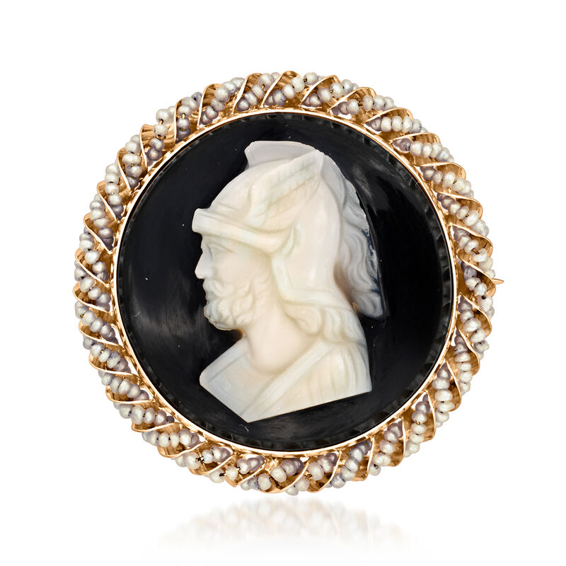 C. 1930 Vintage Black Agate Warrior Cameo Pin/Pendant with Seed Pearls in 10kt Yellow Gold  image number 3