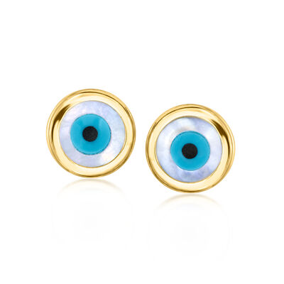 Italian Multicolored Mother-of-Pearl Evil Eye Earrings in 14kt Yellow Gold