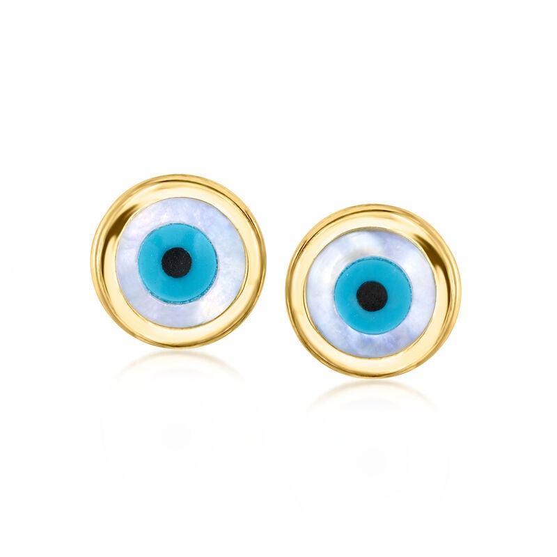 Italian Multicolored Mother-of-Pearl Evil Eye Earrings in 14kt Yellow Gold image number 0