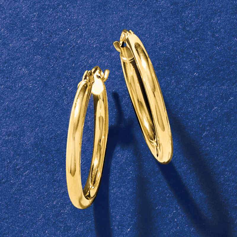 Italian 2mm 18kt Yellow Gold Hoop Earrings. 3/4&quot; image number 3