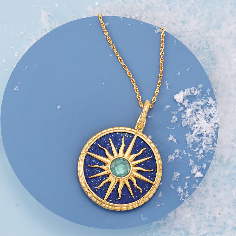 Lapis and 1.30 Carat London Blue Topaz Sun Pendant Necklace in 18kt Gold Over Sterling image number 2