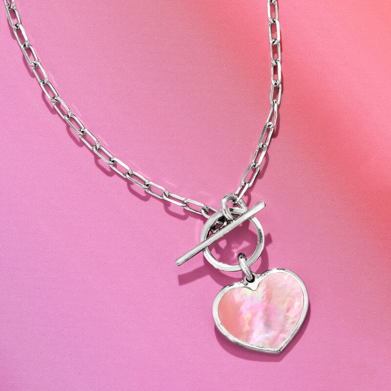 Italian Pink Mother-of-Pearl Heart Toggle Necklace in Sterling Silver image number 3