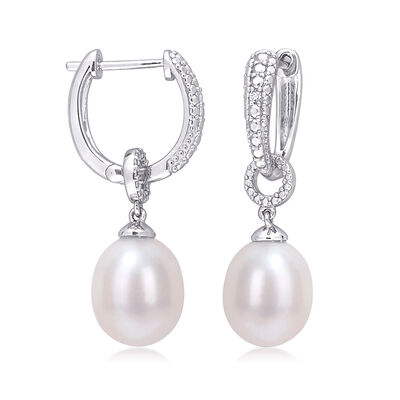 8-8.5mm Cultured Pearl Hoop Drop Earrings with Diamonds in Sterling Silver