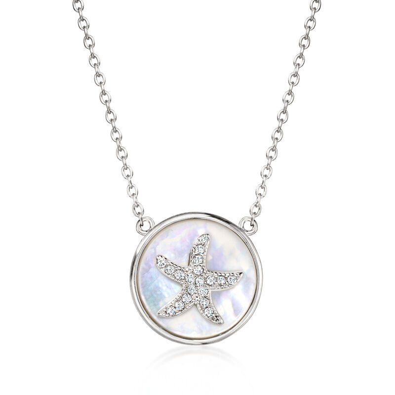Mother-of-Pearl and .10 ct. t.w. CZ Starfish Necklace in Sterling Silver. 16" image number 1