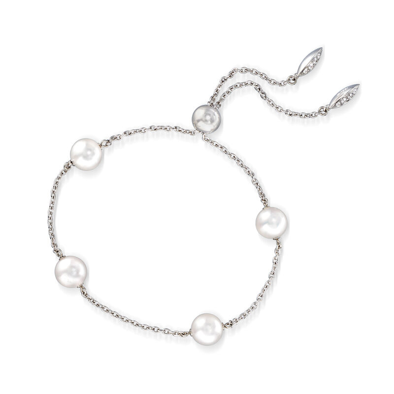Mikimoto &quot;Japan&quot; 7.5mm A+ Akoya Pearl and Diamond-Accented Station Bracelet in 18kt White Gold image number 2