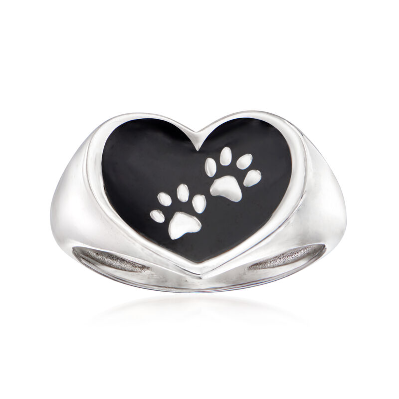 Italian Sterling Silver and Black Enamel Paw Print Heart Ring image number 0