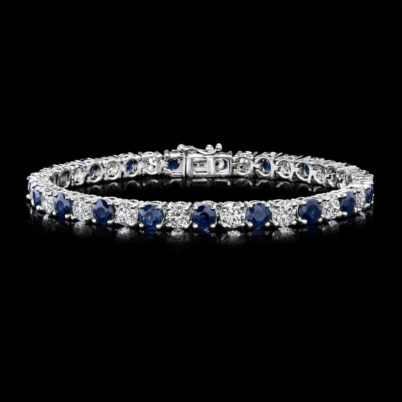 8.50 ct. t.w. Sapphire and 7.00 ct. t.w. Lab-Grown Diamond Tennis Bracelet in 14kt White Gold image number 2