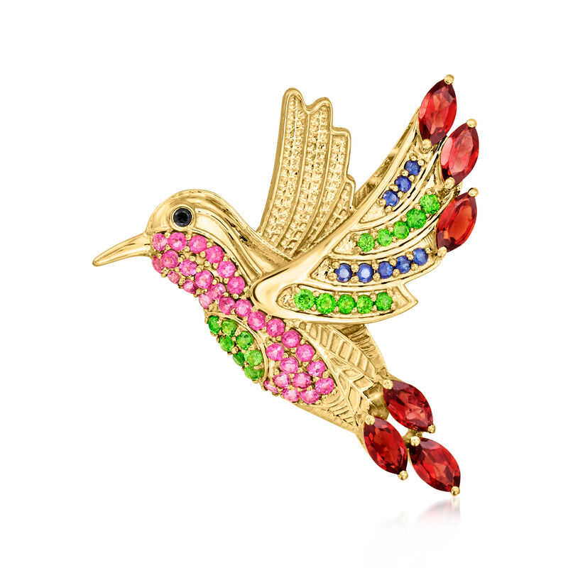 2.32 ct. t.w. Multi-Gemstone Hummingbird Pin/Pendant Necklace in 18kt Gold Over Sterling. 18&quot; image number 3