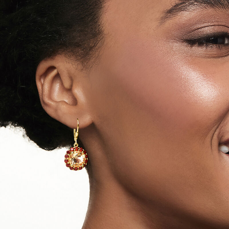 7.00 ct. t.w. Citrine and 2.50 ct. t.w. Garnet Flower Drop Earrings in 18kt Gold Over Sterling image number 1