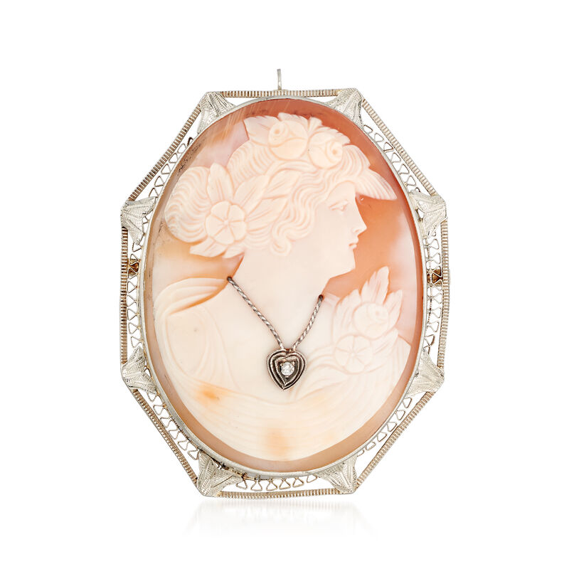 C. 1950 Vintage Shell Cameo Pin Pendant with Diamond Accent in 14kt White Gold image number 0