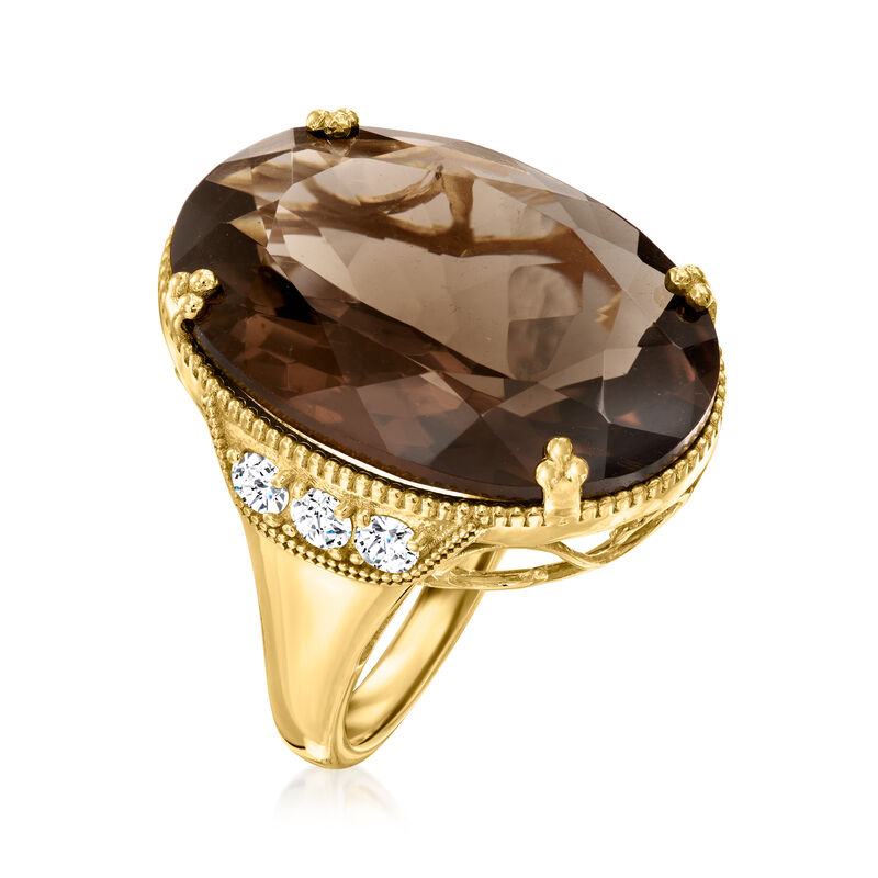 20.00 Carat Smoky Quartz and 1.60 ct. t.w. White Zircon Ring in 18kt Gold Over Sterling image number 2