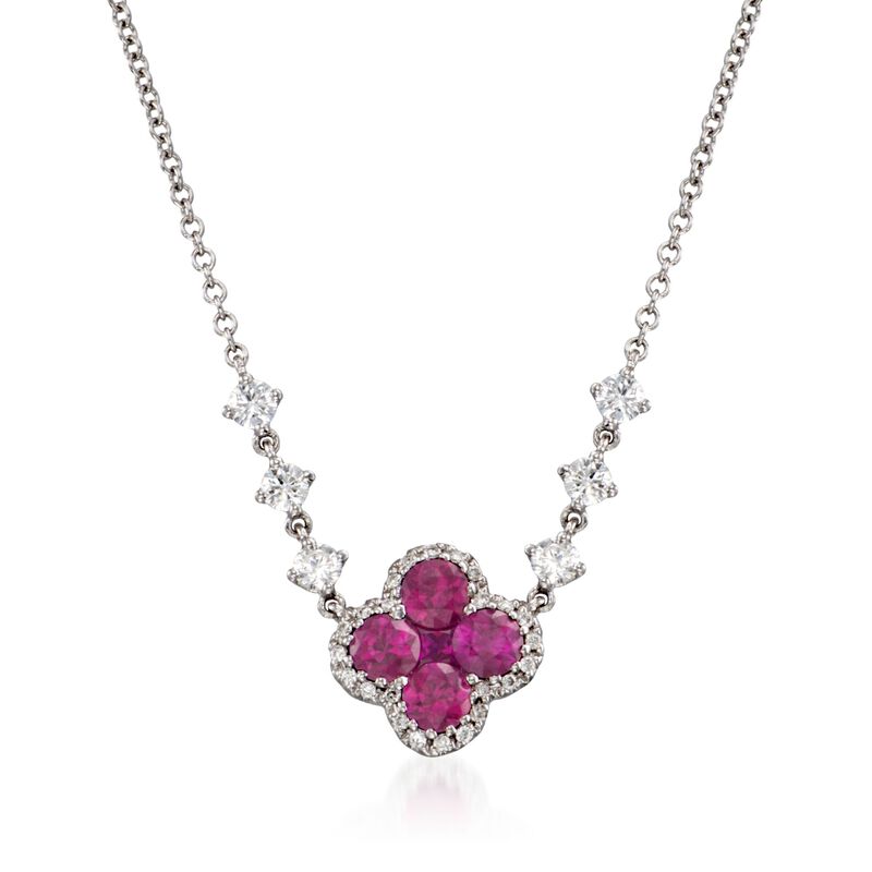 Gregg Ruth .80 ct. t.w. Ruby and .35 ct. t.w. Diamond Floral Necklace in 18kt White Gold. 16&quot; image number 1