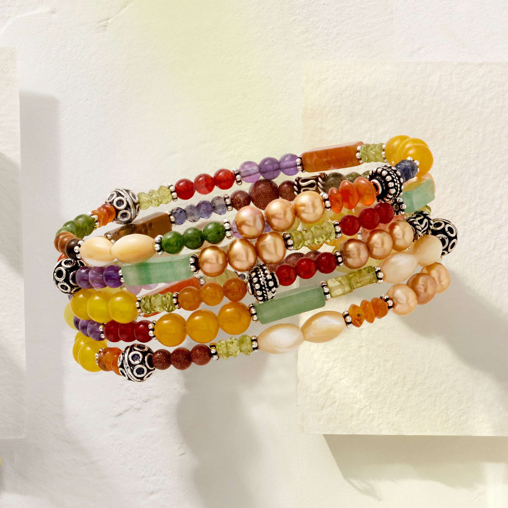 Multi-Gemstone Jewelry Set: Five Bead Stretch Bracelets with Multi-Gemstone Jewelry Set: Five Bead Stretch Bracelets with
